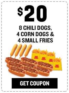 $20 - 8 chili dogs, 4 corn dogs, 4 small fries