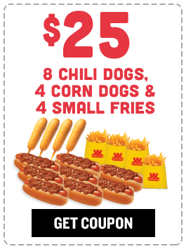 $25 8 Chili Dogs, 4 Corn Dogs & 4 Small Fries Coupon #601
